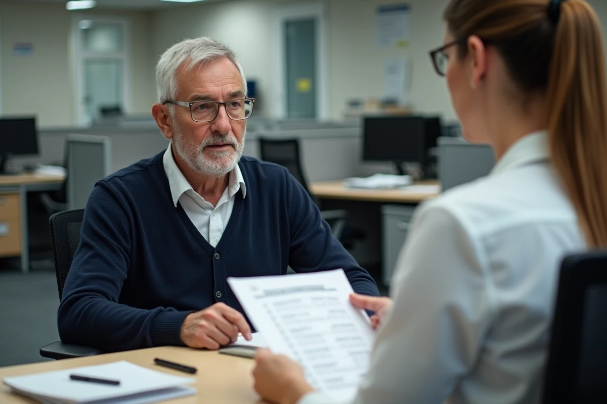 Senior accompagné par un agent administratif pour une démarche officielle de renouvellement de permis de conduire