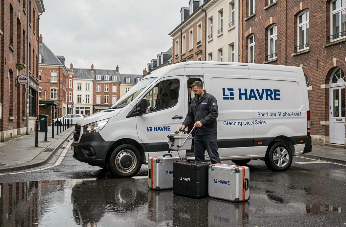 Un technicien d'Adde décharge du matériel de plomberie depuis un véhicule d'intervention estampillé dans une rue havraise aux façades en briques normandes