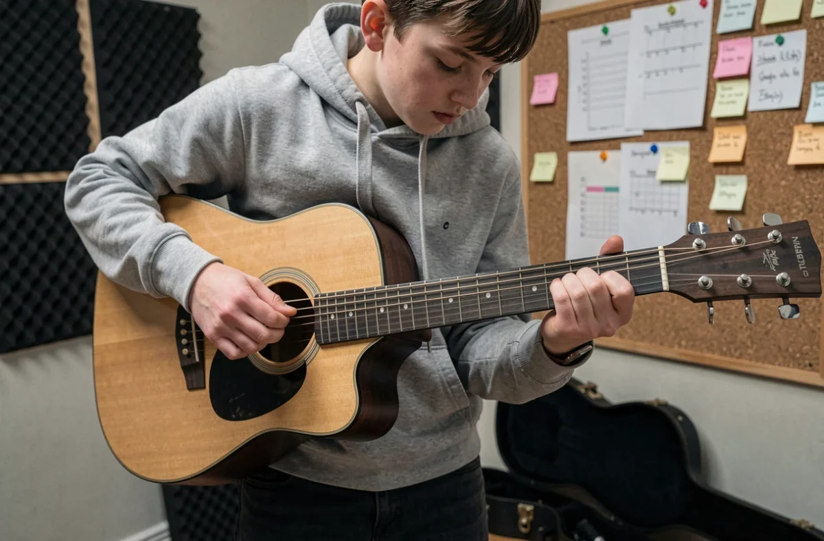 Adolescent apprenant l'accord Mistral sur guitare acoustique dans une salle de répétition