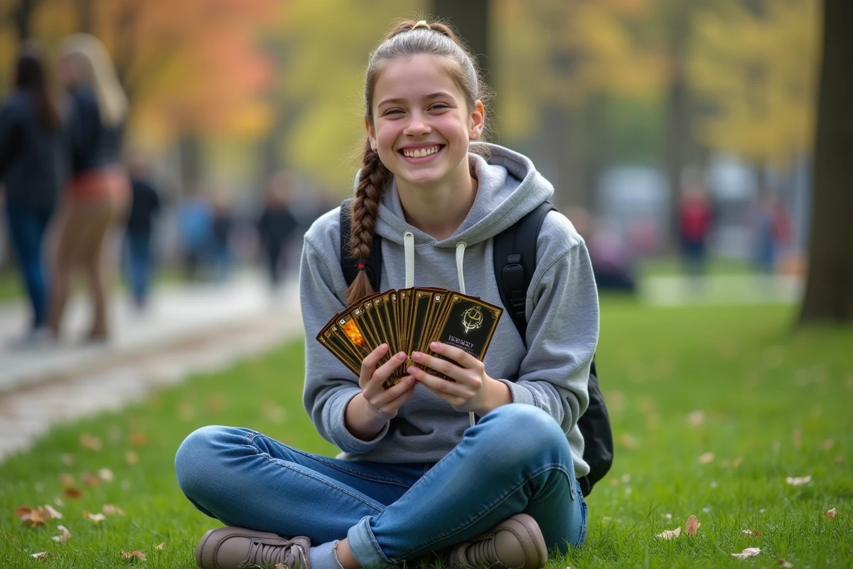 Adolescente en hoodie montre ses cartes de fantasy dans un parc