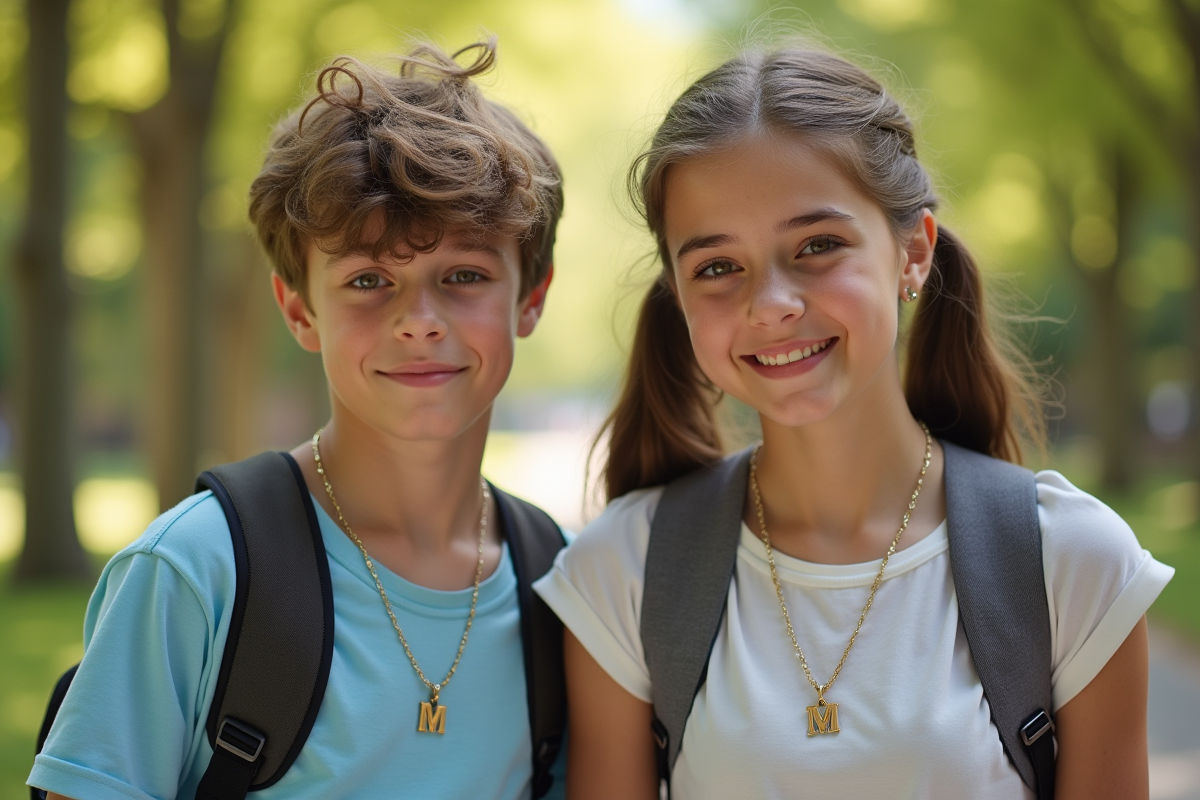 Adolescents dans un parc portant colliers avec initiale M