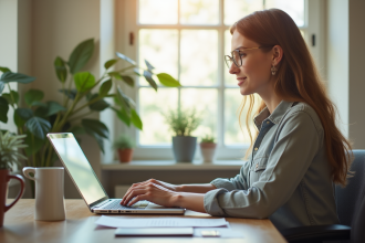 Adulte confiant travaillant sur un ordinateur dans un bureau lumineux