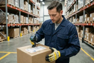 Agent logistique scannant un colis dans un entrepôt de distribution lors du suivi LP Collect