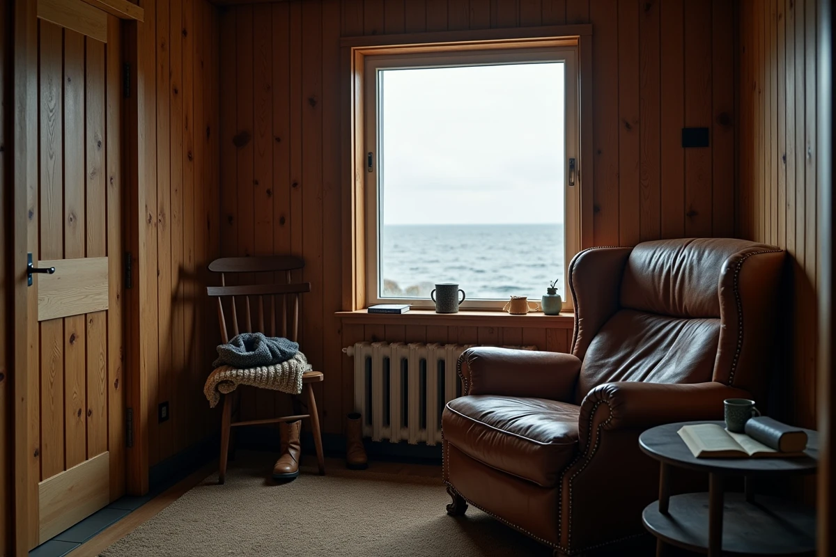 Intérieur abandonné d'un chalet suédois évoquant le mystère et la disparition dans la série Sandhamn