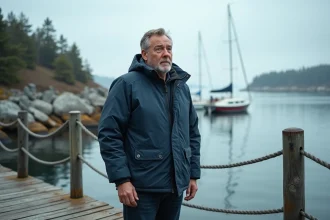 Homme scandinave pensif sur un ponton en bois dans l'archipel de Sandhamn, série policière suédoise