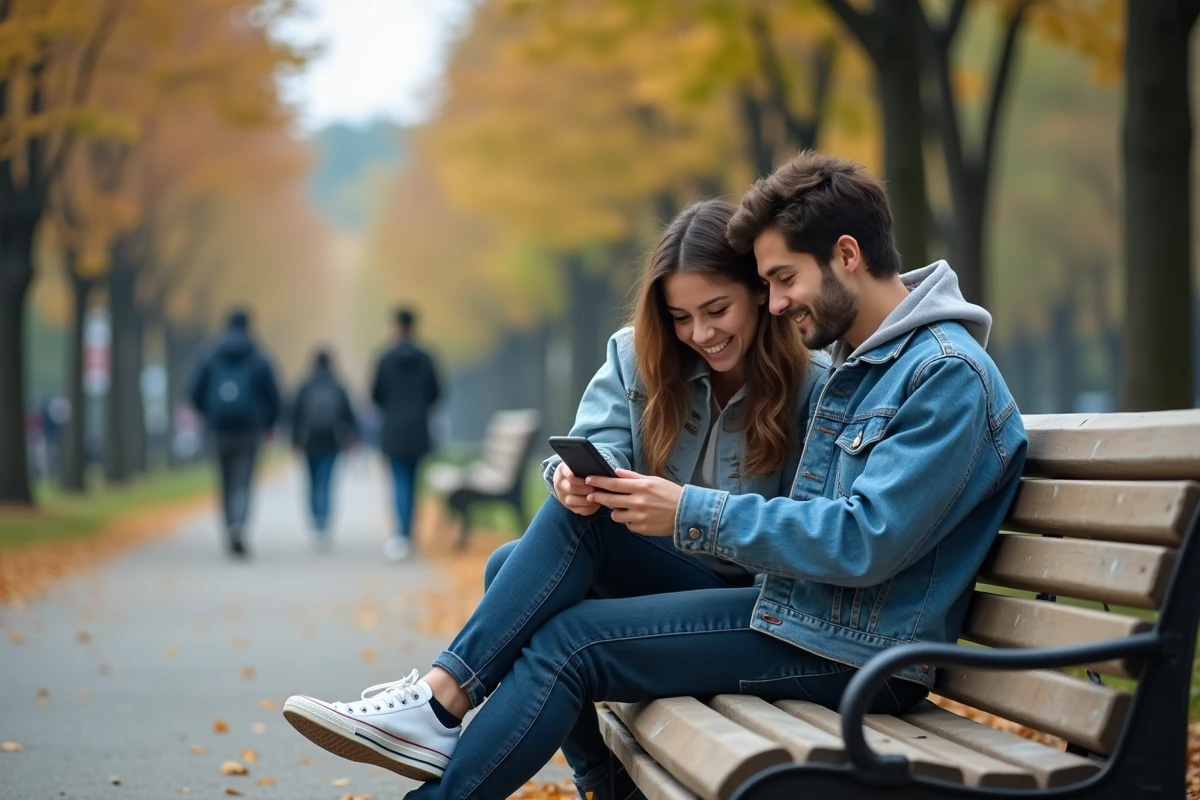 Deux amis partageant la lecture d'un manhwa sur smartphone dans un parc urbain en automne