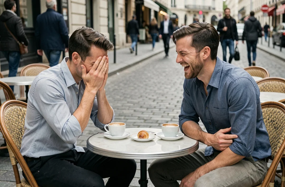 Deux hommes partageant un fou rire en terrasse de café après une blague maladroite