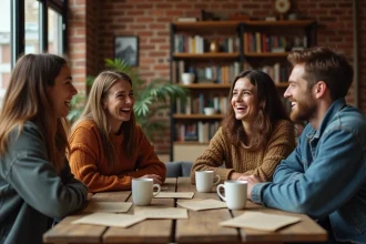 Groupe d'amis adultes riant autour d'une table en bois avec des cartes de jeux de mots éparpillées dans un appartement cosy