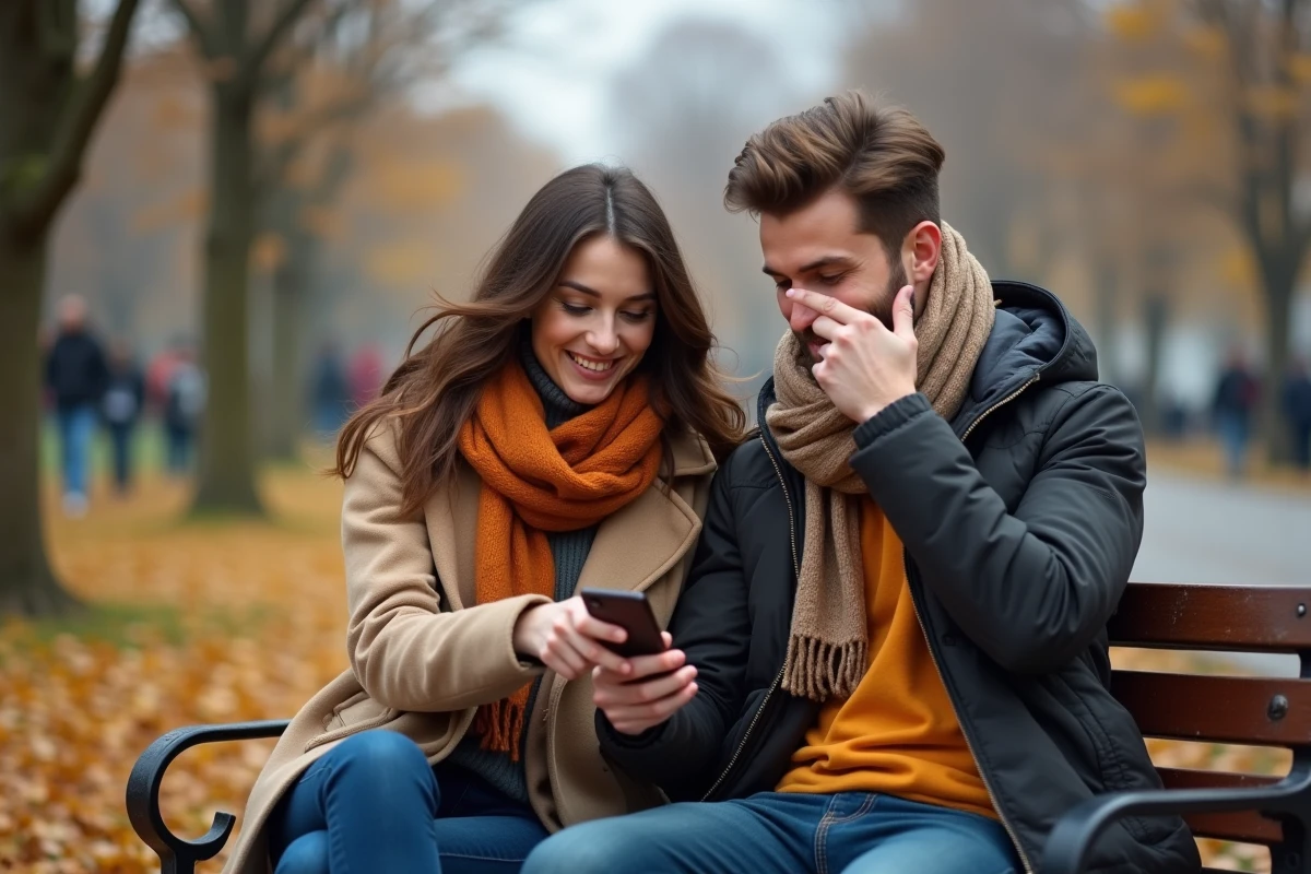 Deux amis lisant ensemble le webtoon Just Friends sur un banc de parc en automne en évitant les spoilers