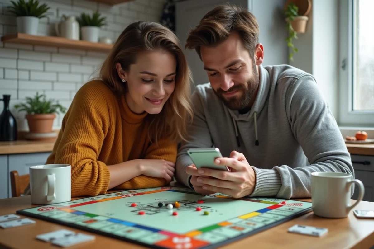 Deux amis jouant à Monopoly en récupérant des liens de dés gratuits Monopoly Go sur smartphone autour d'une table