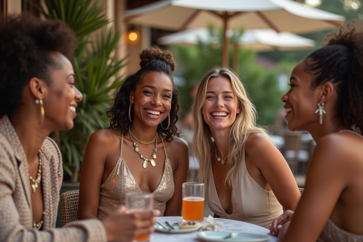 Groupe d amis en tenues avantgarde dans un café en plein air