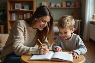 Une jeune femme enseigne la grammaire française à un enfant assis devant un cahier ouvert dans un salon cosy