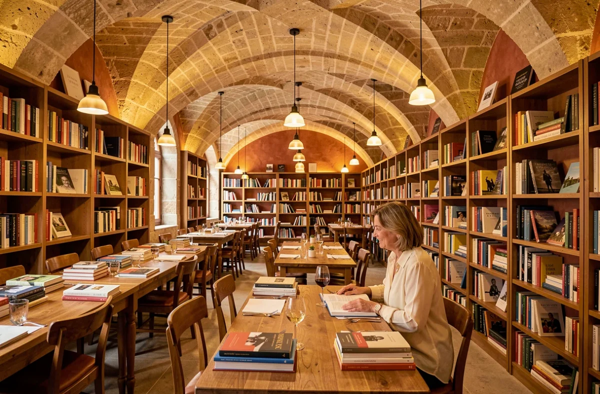 Les Arcenaulx à Marseille, librairie et restaurant installés dans un espace voûté en pierre avec des tables dressées pour dîner et de grandes étagères remplies de livres