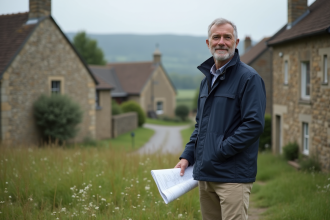 Architecte homme regardant un plan sur un site rural