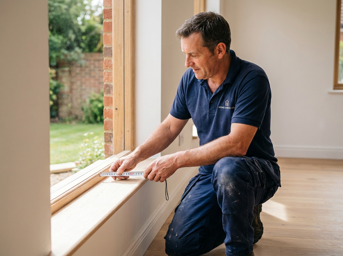 Artisan menuisier professionnel local mesurant un cadre de fenêtre en bois dans une maison résidentielle