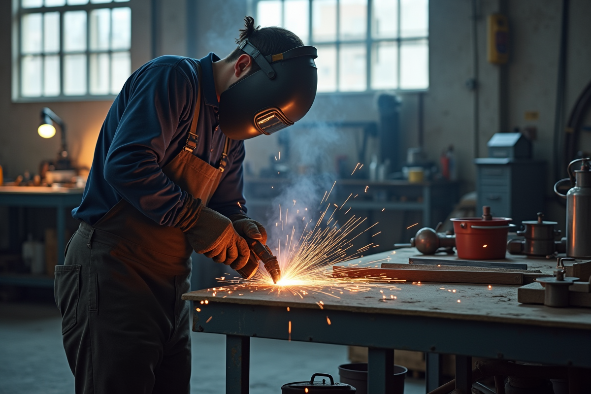 Artisan soudeur en atelier utilisant équipement moderne