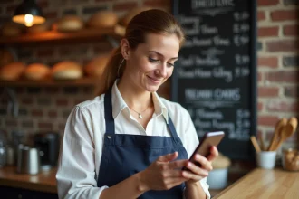 Artisane boulangère consultant son smartphone pour améliorer la visibilité locale de son commerce sans budget publicitaire