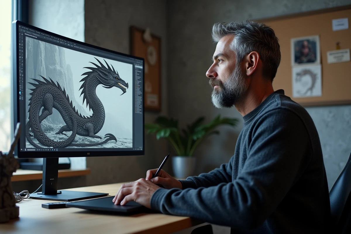 Artiste numérique créant une illustration de dragon viking sur ordinateur avec références aux ornements scandinaves traditionnels