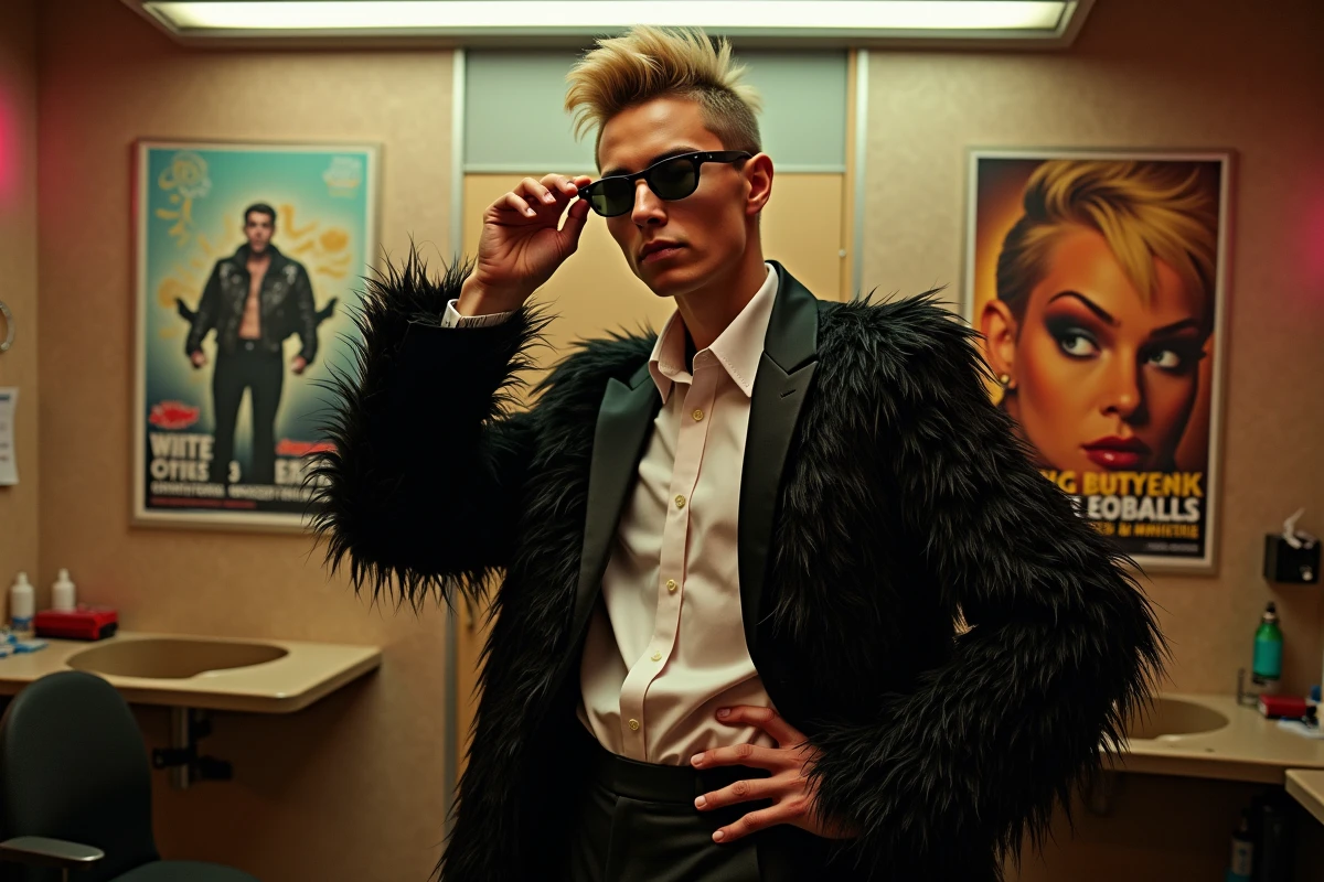 Artiste androgynes en costume flamboyant en coulisses