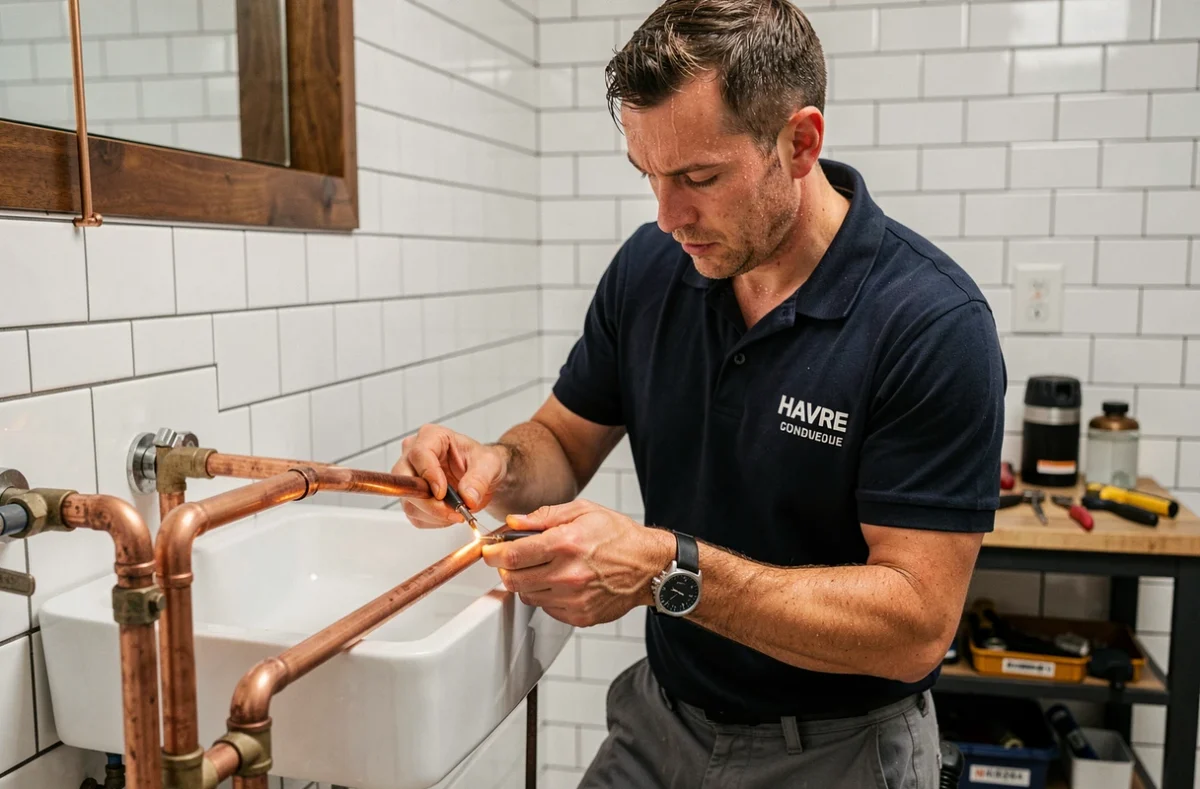 Un plombier de l'Atelier Delaunay soude des tuyaux en cuivre dans une salle de bain moderne, démontrant le savoir-faire artisanal de l'entreprise havraise