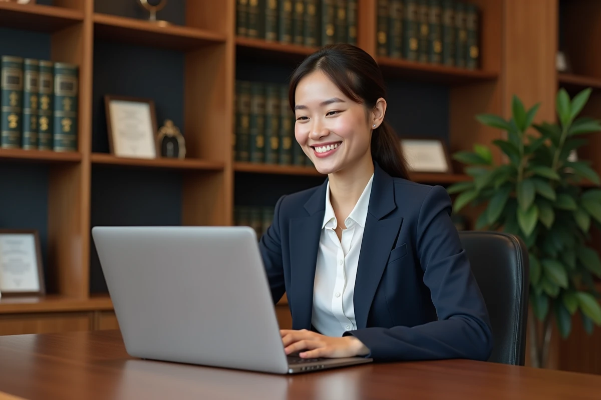 Femme avocate souriante travaillant à son bureau moderne