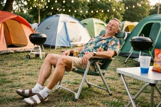 Homme en chemise hawaïenne avachi dans un transat au camping, bière à la main, sourire satisfait, ambiance vacances françaises typiques