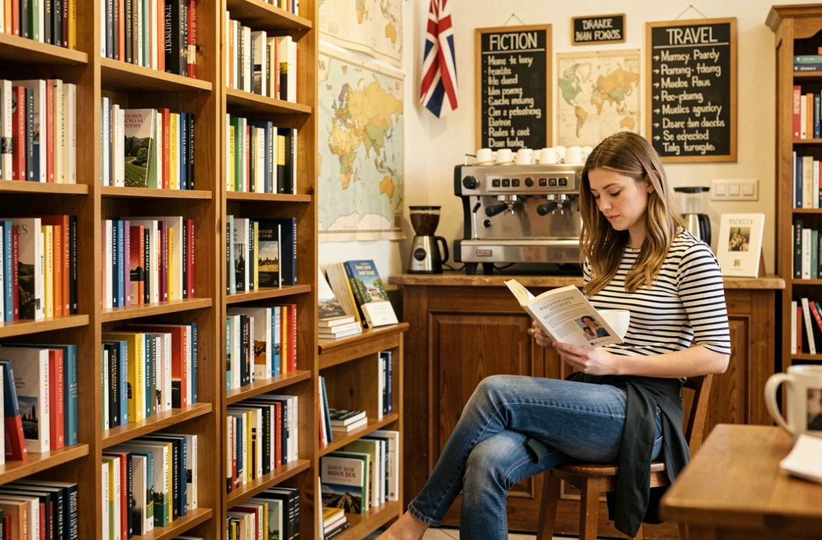 Book in Bar à Aix-en-Provence, librairie anglophone avec café, étagères de livres en anglais et une cliente lisant sur un tabouret avec une tasse de café