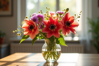 Bouquet coloré de fleurs anemones amaryllis et asters en vase