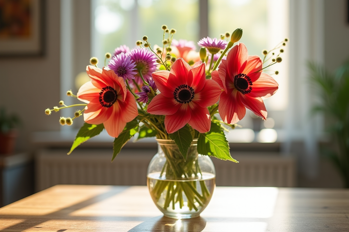 Bouquet coloré de fleurs anemones amaryllis et asters en vase