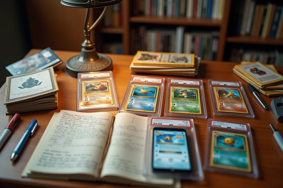 Bureau de collectionneur Pokémon avec des cartes gradées en étuis acryliques, un carnet de notes de prix et une application d'évaluation de cartes sur smartphone