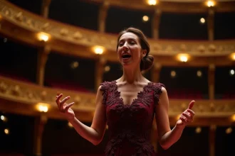 Cantatrice célèbre en robe bordeaux chantant sur la scène d'un opéra historique européen aux balcons dorés