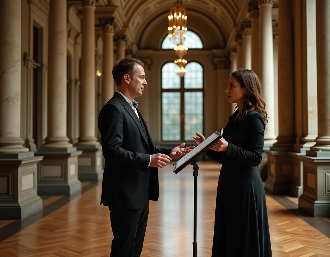 Cantatrice renommée discutant d'une partition avec un chef d'orchestre dans le foyer d'un concert hall baroque
