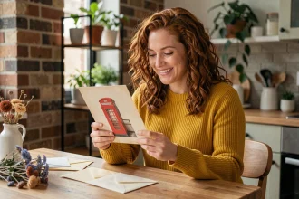 Femme tenant une carte personnalisée cabine téléphonique rétro dans une cuisine cosy en brique apparente