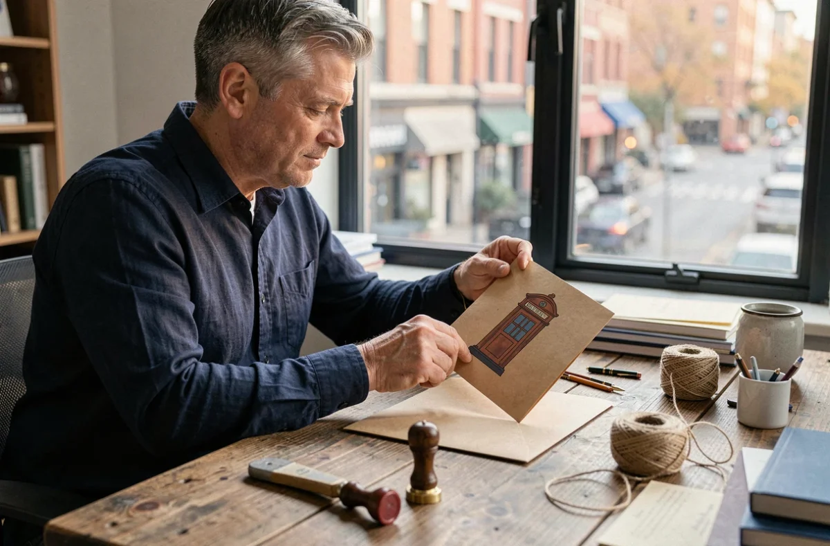 Homme glissant une carte cabine téléphonique personnalisée dans une enveloppe kraft sur un bureau de papeterie rustique