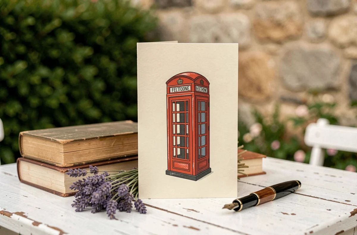 Carte personnalisée cabine téléphonique rétro posée contre des livres anciens sur une table de jardin style campagne française