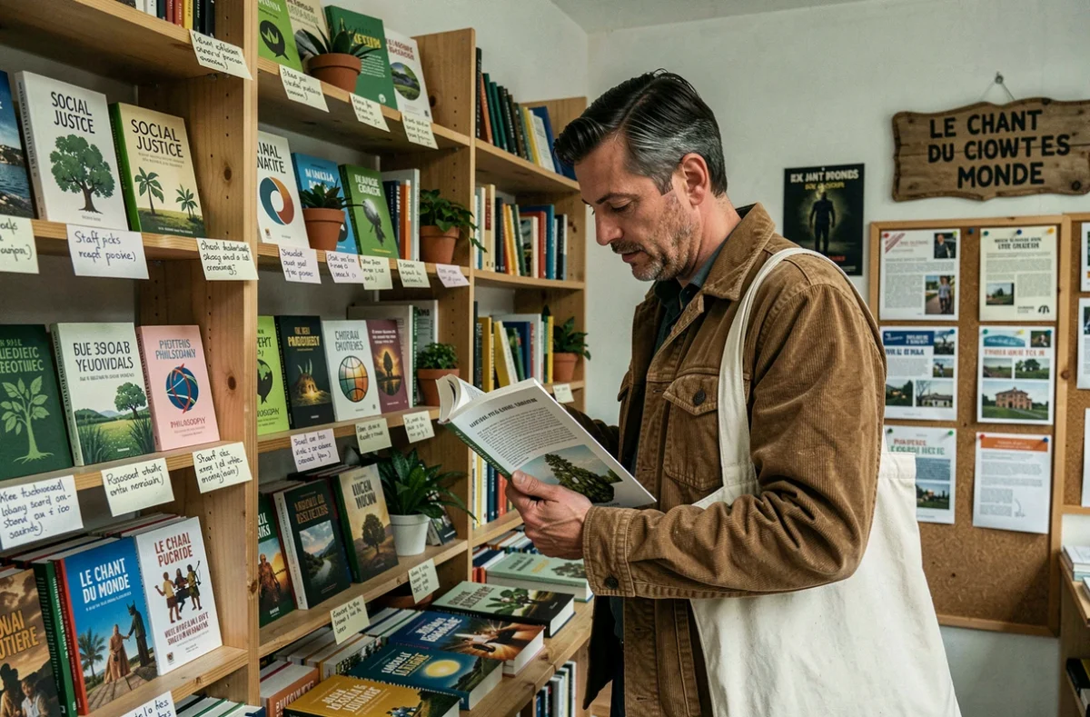 Librairie engagée Le Chant du Monde à Aix-en-Provence avec des rayons dédiés à l'écologie et aux causes sociales, et un client feuilletant un livre sur l'environnement