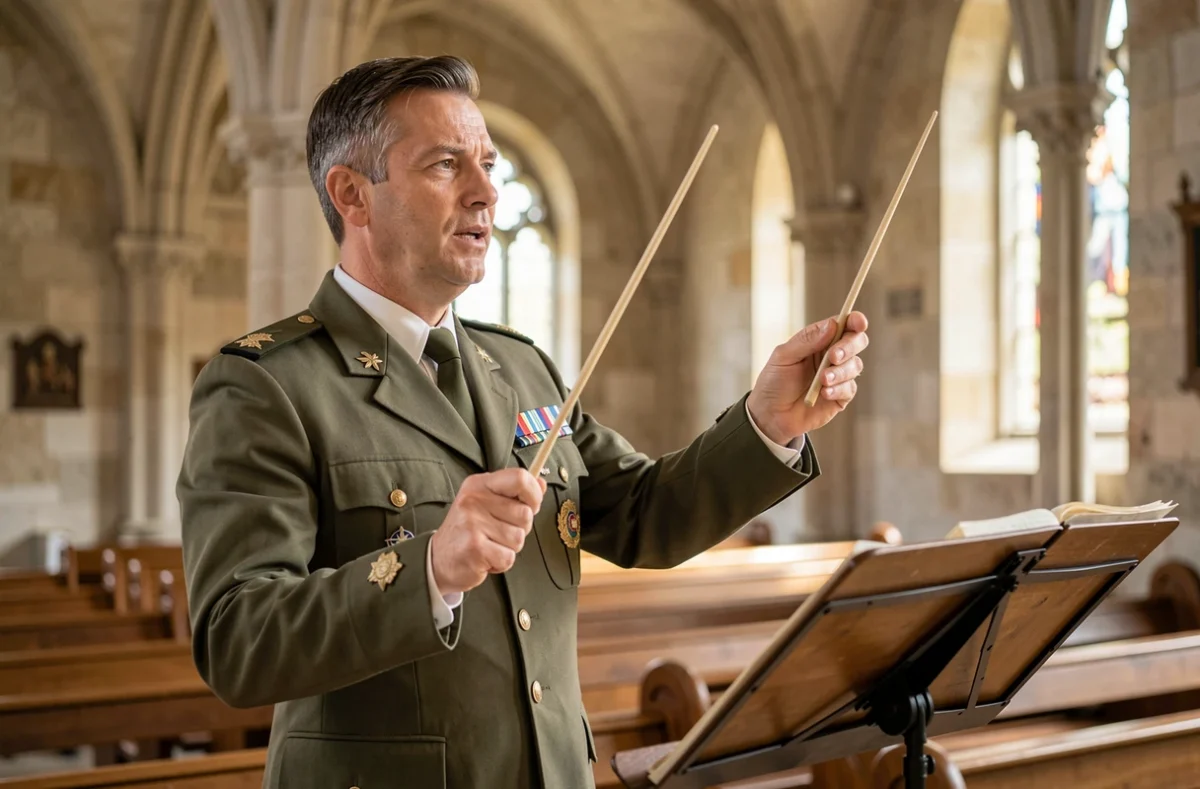 Chef de chœur militaire dirigeant une répétition dans une chapelle militaire historique