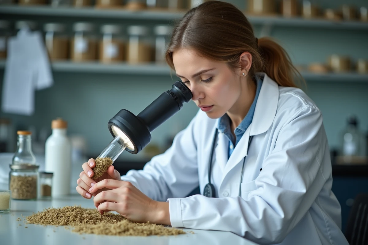 Jeune scientifique analysant des fibres de chanvre en laboratoire