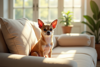 Chihuahua Papillon assis sur un canapé beige lumineux