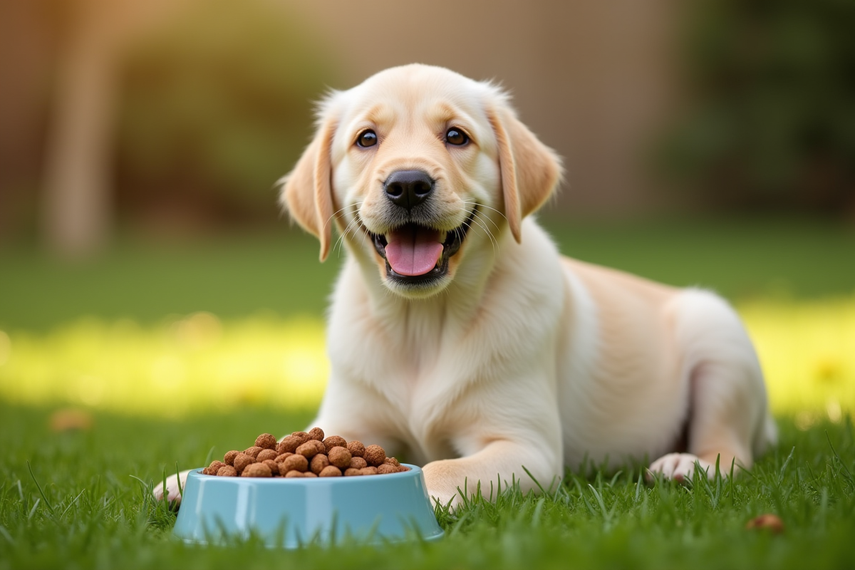 Chiot labrador assis près de sa gamelle de croquettes