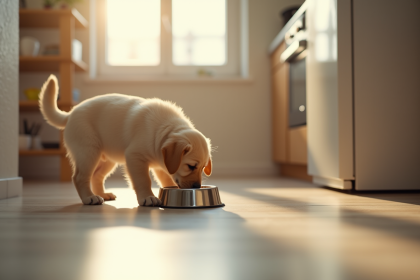 Chiot labrador doré mangeant dans une cuisine lumineuse