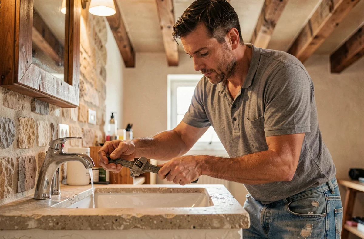 L'artisan Christophe Petit pose un robinet de salle de bain dans un appartement havrais rénové avec poutres apparentes, mettant en valeur son travail artisanal soigné
