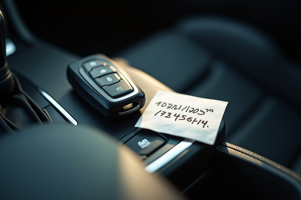 Clé de voiture avec note manuscrite sur le siège en plein soleil