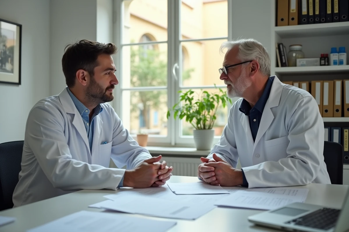 Deux pharmaciens collaborant dans l'espace de réunion d'un regroupement de pharmacies en Provence
