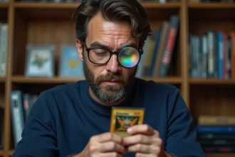 Collectionneur adulte examinant une carte Pokémon holographique rare avec une loupe dans un bureau organisé rempli de classeurs et de cartes gradées