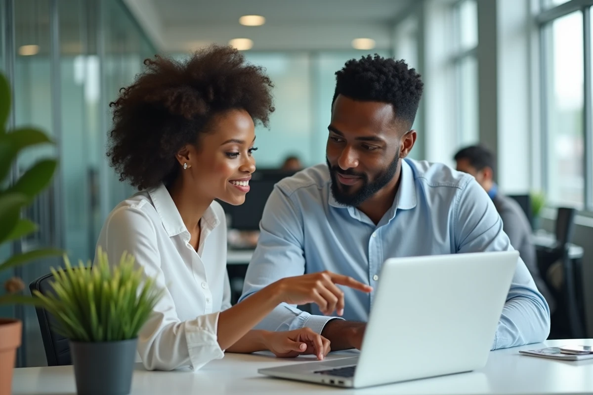 Deux collègues de travail issus de minorités ethniques collaborant devant un ordinateur portable en milieu professionnel, symbolisant le dialogue respectueux autour de l'humour et des limites culturelles