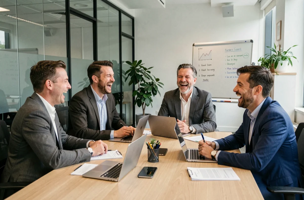 Groupe de collègues en fou rire collectif lors d'une réunion de bureau