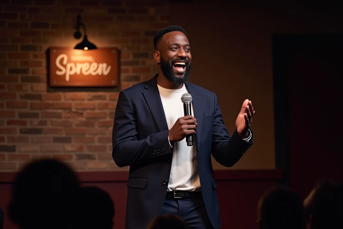 Comédien noir sur scène dans un club de comédie, tenant un microphone avec une expression expressive, représentant l'art délicat de l'humour sur les questions raciales