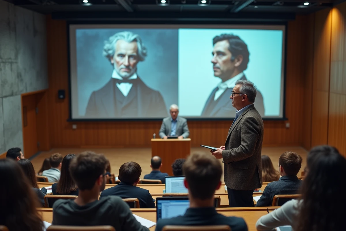Professeur d'université présentant une conférence sur Ralph Waldo Emerson dans une salle de cours moderne, avec une projection combinant portrait historique et captures d'écran de séries télévisées contemporaines.