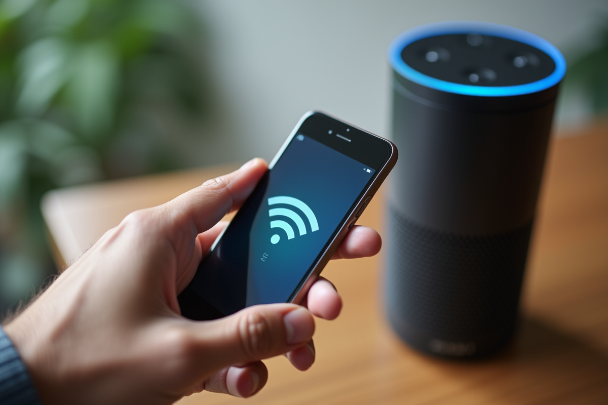 Main connectant smartphone au WiFi avec enceinte Alexa en arrière-plan